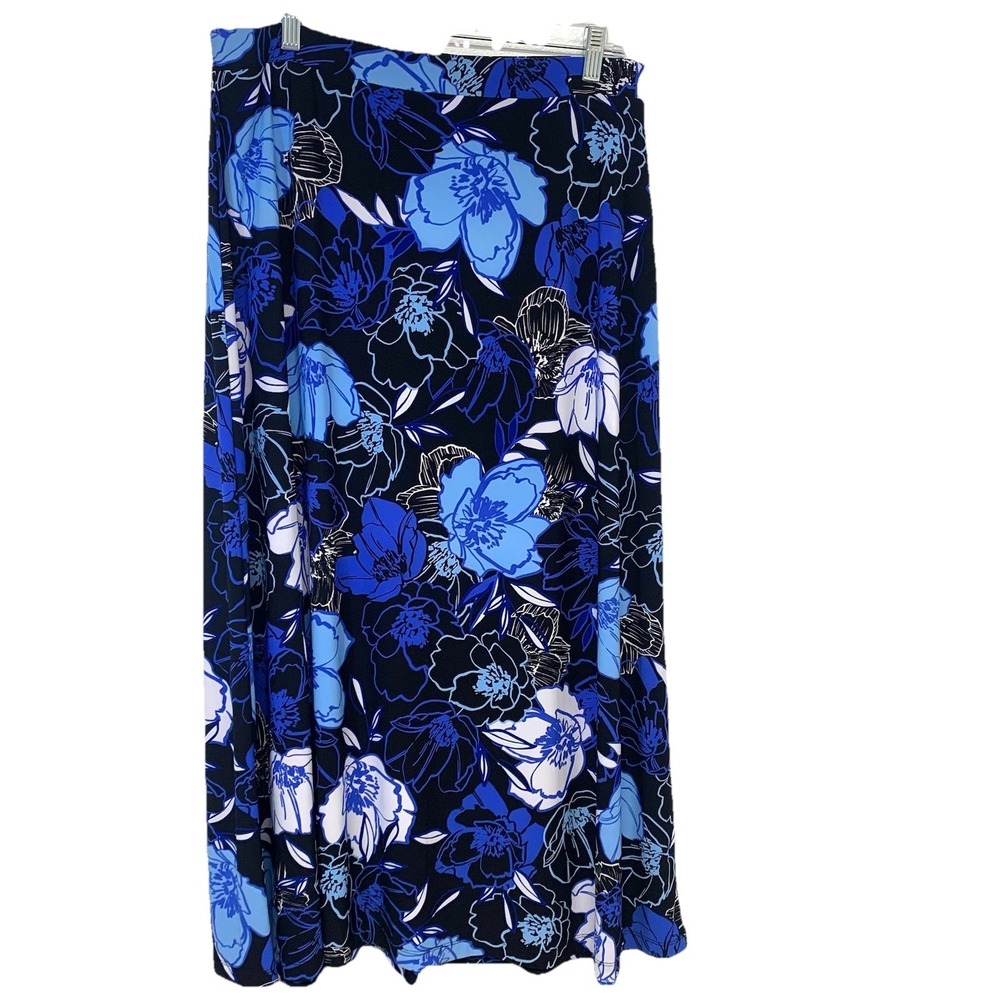 Evan Picone Maxi Skirt Blue Black Floral A Line Flowy Large Pull On Boho Casual